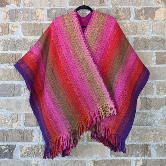 VTG 80s 100% Wool Pink Purple Red Tan Fringe Ruana Poncho Reversible - Picture 1 of 10